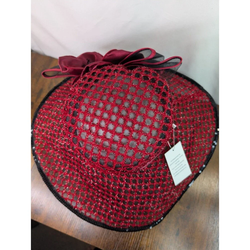NWT FS Professional Ladies Hat Red Black Wide Brim Kentucky Derby Church Tea
